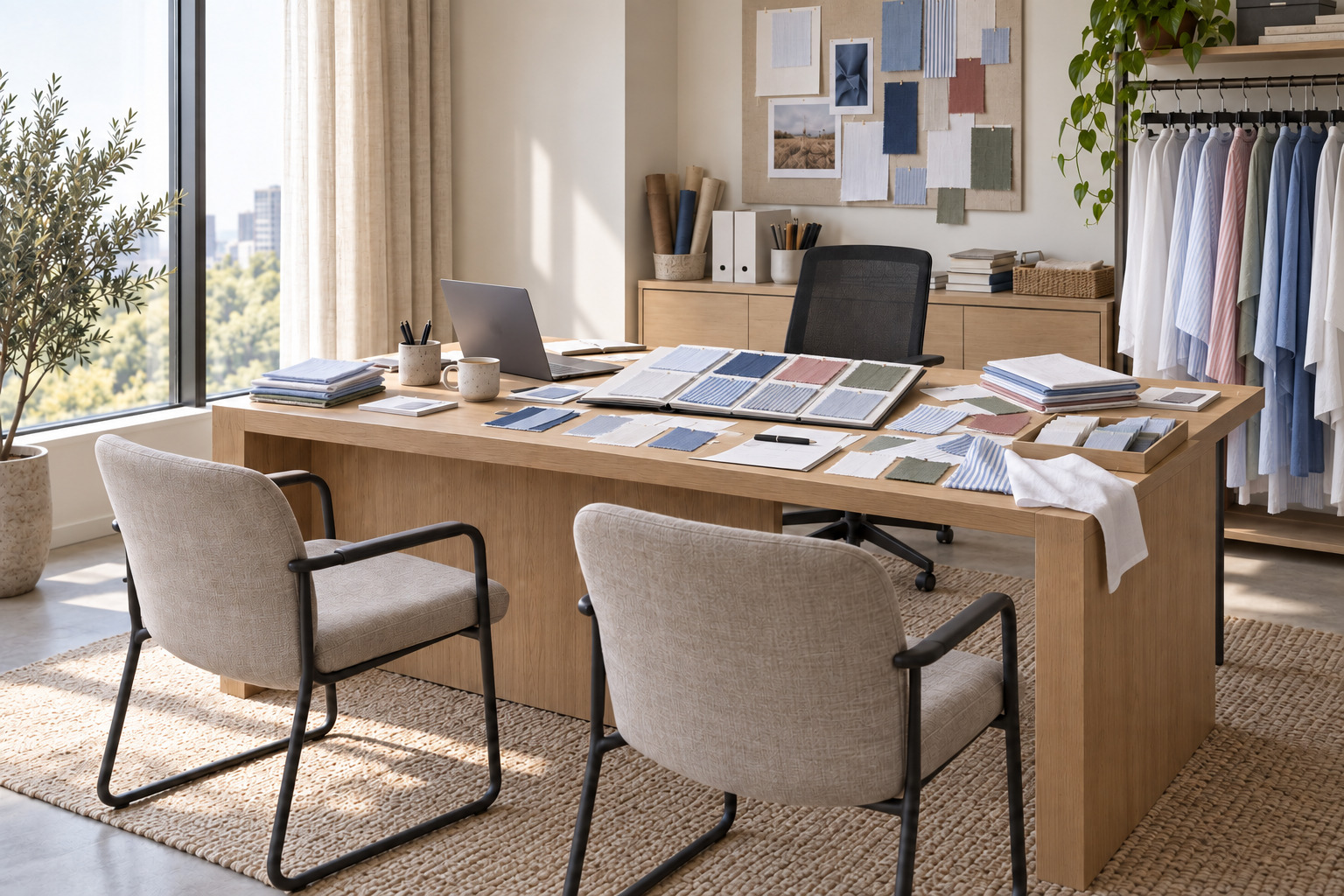 Textile office desk with thin cotton and striped shirting samples, sample cards and open swatch books