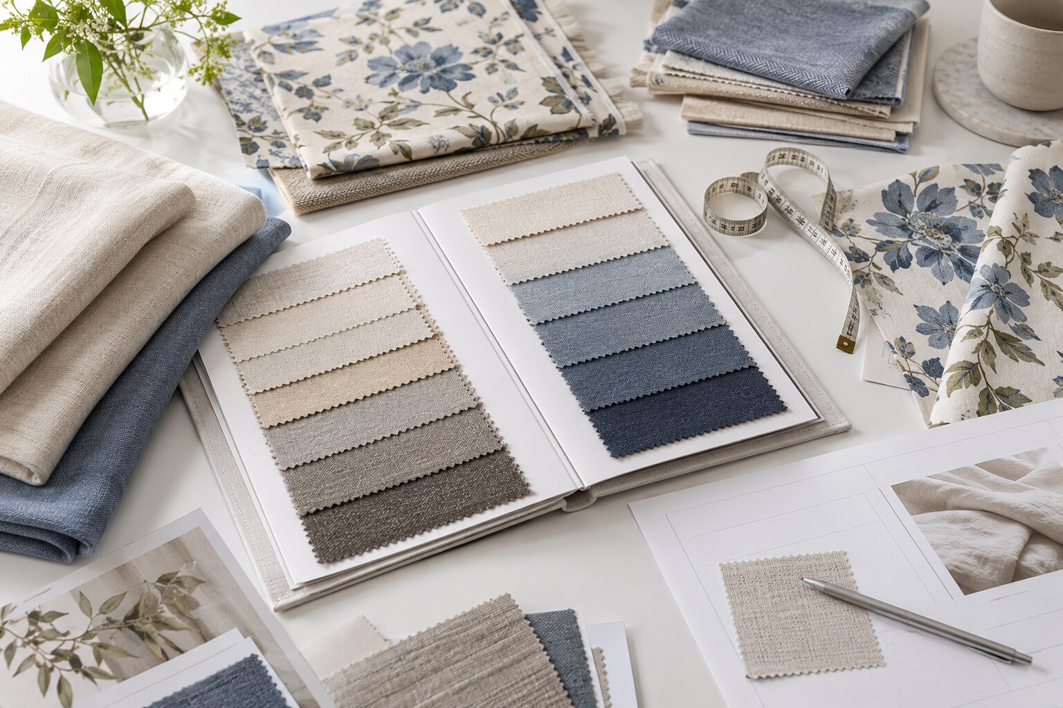 Fabric sourcing desk with swatch books, fabric samples and measuring tools