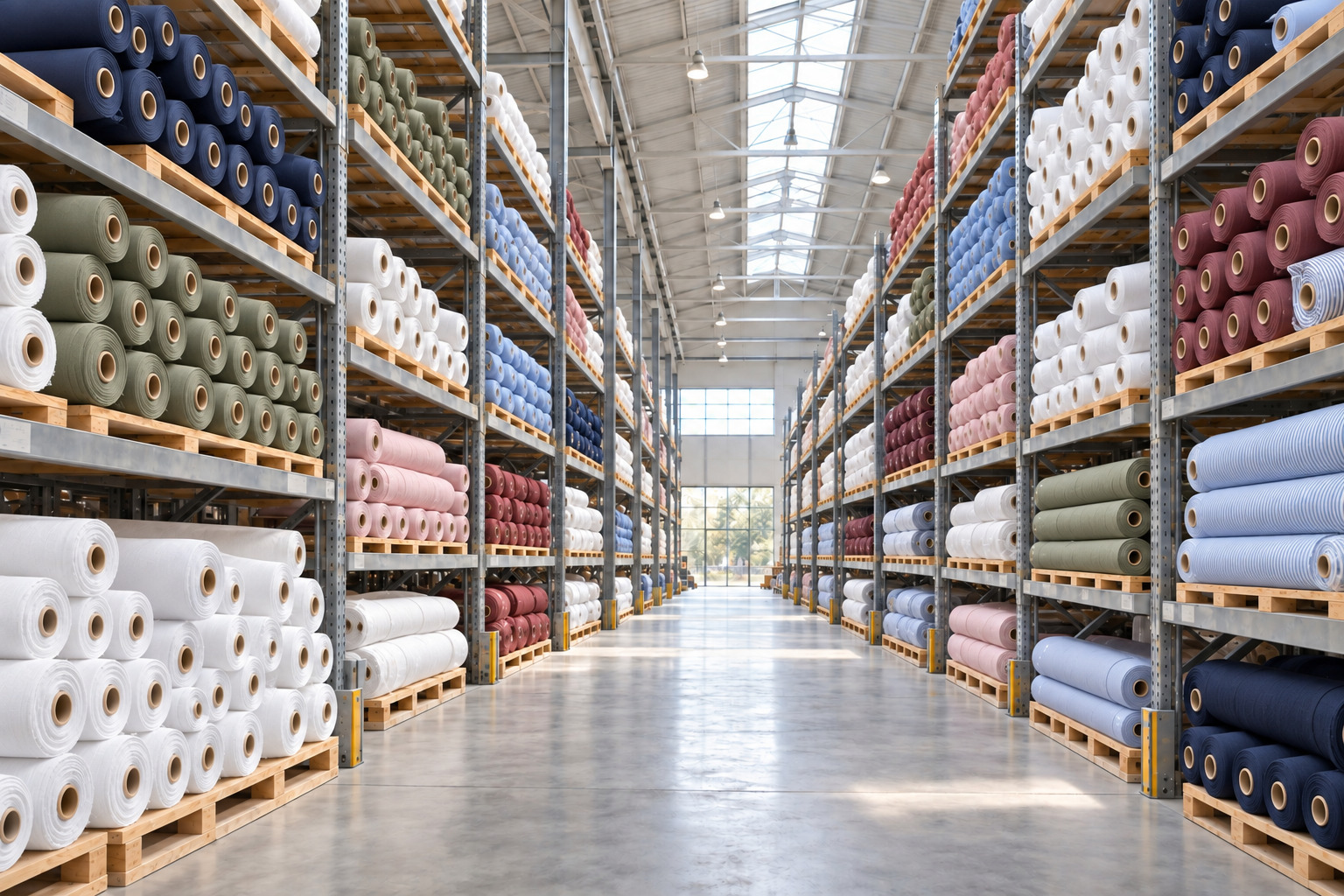 Warehouse racks holding bulk cotton and shirting fabric rolls grouped by colour