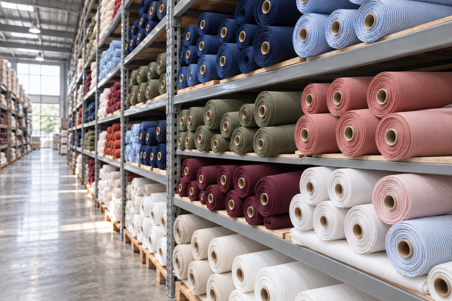Smooth cotton, striped shirting and suit fabric rolls arranged in bulk colour lots